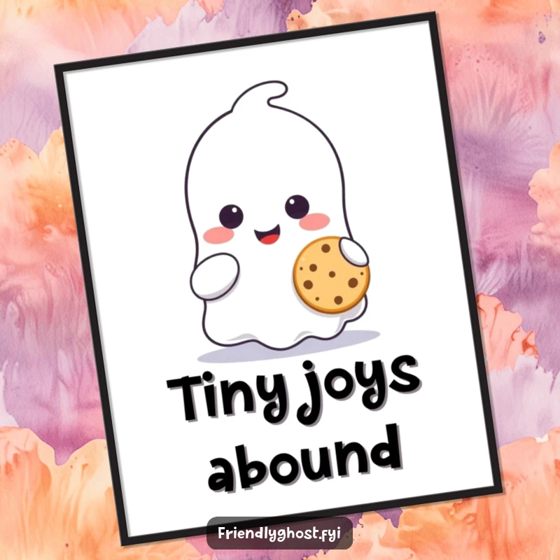 Funny ghost character digital art print, smiling and sharing a tiny cookie, a heartwarming depiction of sweetness and generosity.