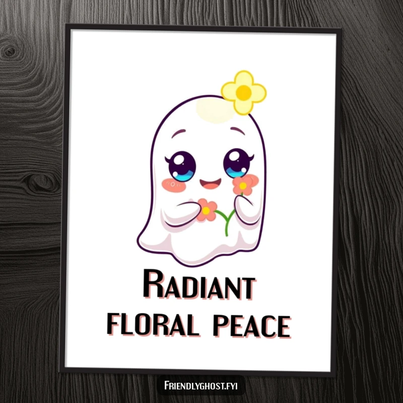 Funny Ghost Flower Bearer Digital Art Print: A ghost with wide, happy eyes offers a glowing flower, radiating kindness and gentle beauty.