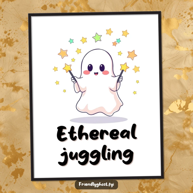 Funny digital art print of a cute ghost juggling star pins, offering instant whimsical, celestial, and spooky charm.