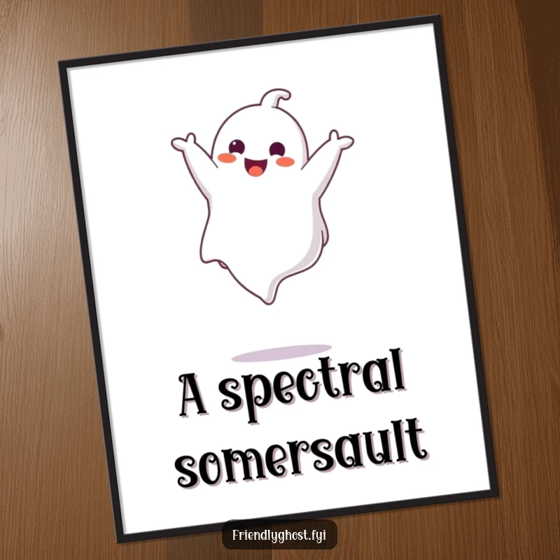 Funny ghost character performing a graceful aerial somersault, high-resolution digital art print for humorous and spectral wall decor.