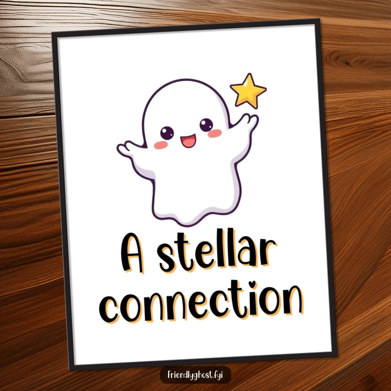 Funny digital art print of a friendly ghost reaching a wispy hand towards a tiny, flickering star, creating a magical ambiance.