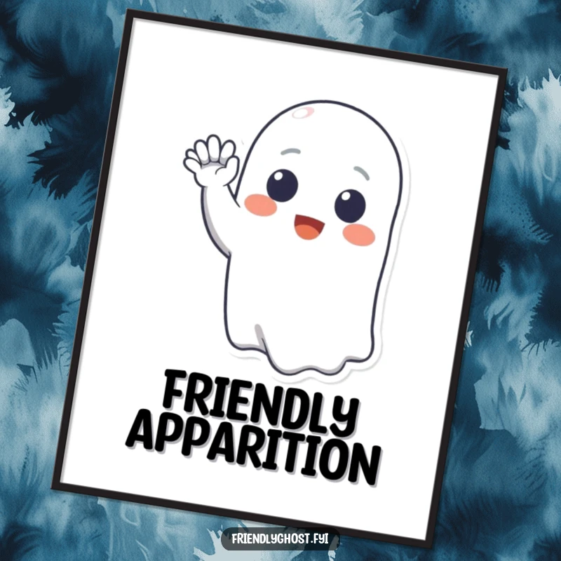 Funny digital art print of a smiling ghost character waving hello, radiating friendly spectral energy and cheerful vibes.