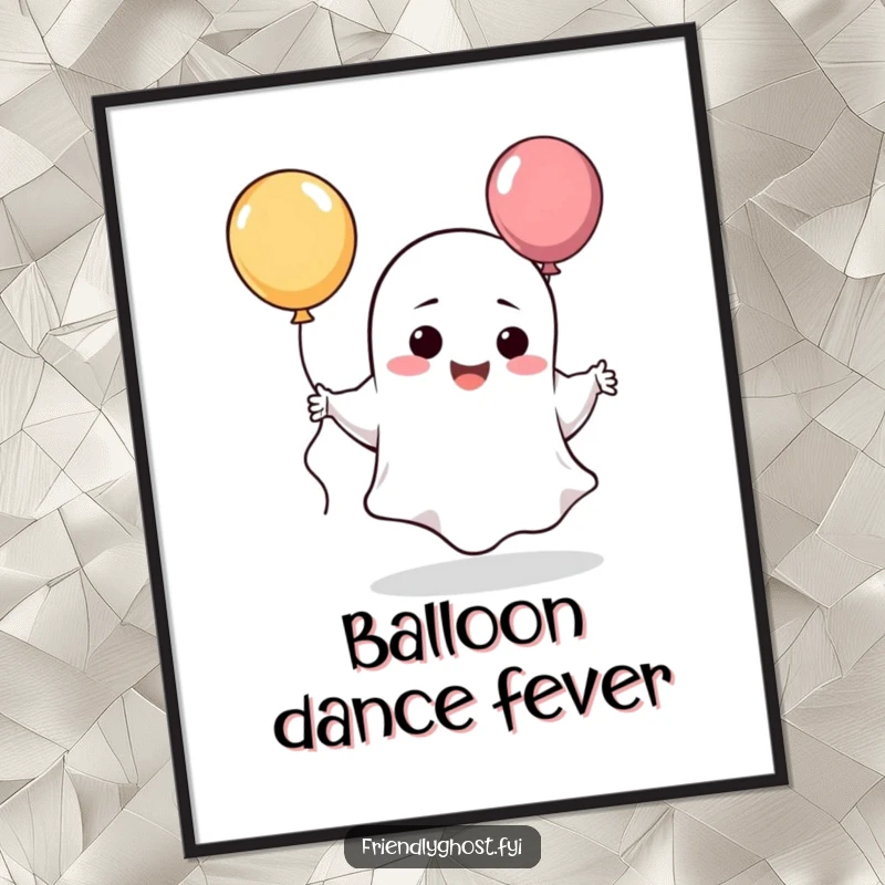 Funny giggling ghost digital art print of a silly character dancing joyfully with a balloon.