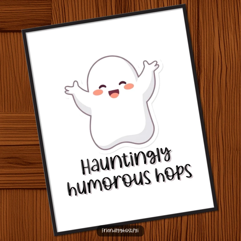 Funny digital art print of a giggling ghost character energetically doing a silly dance in mid-air, ideal for vibrant, humorous digital or physical display.