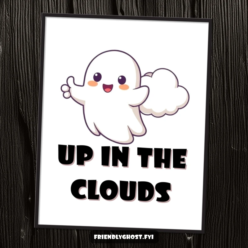 Funny digital art print of a happy ghost giving cartoonish thumbs up beside a cheerful cloud, offering instant cheerful decor.