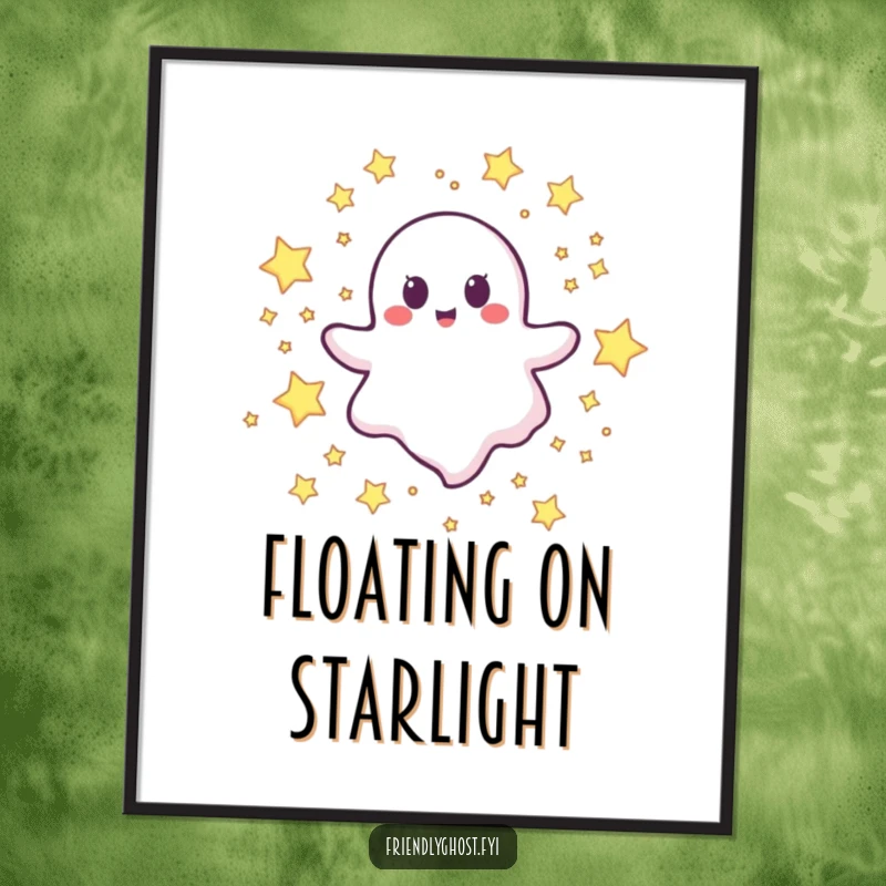 Funny happy ghost digital art print of a joyful character floating happily through a vast field of stars.