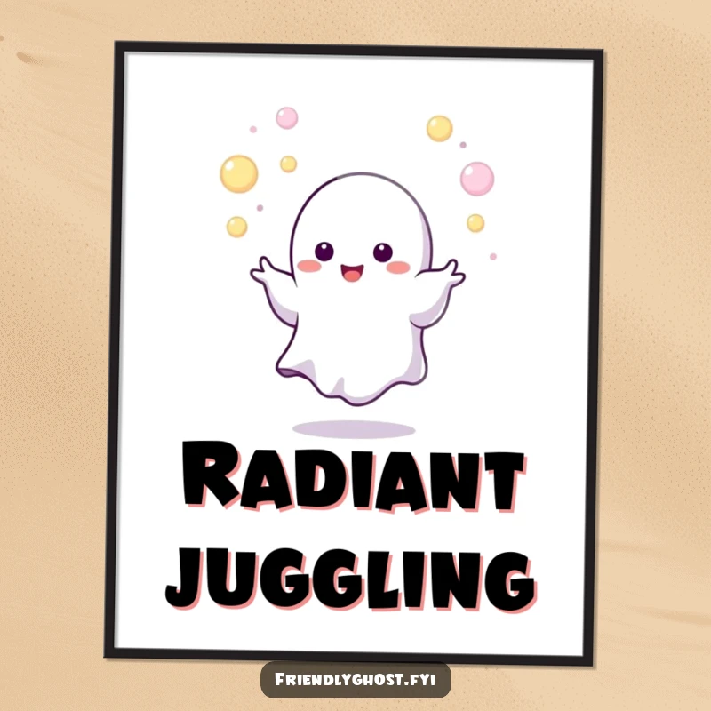 Funny juggling ghost digital art print of a tiny character expertly juggling tiny, glowing orbs, a humorous and instantly downloadable decor gift.