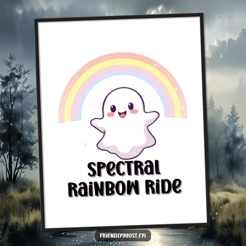 Funny digital art print capturing a cheerful ghost floating through a vibrant rainbow, bringing magical wonder and enchantment indoors.