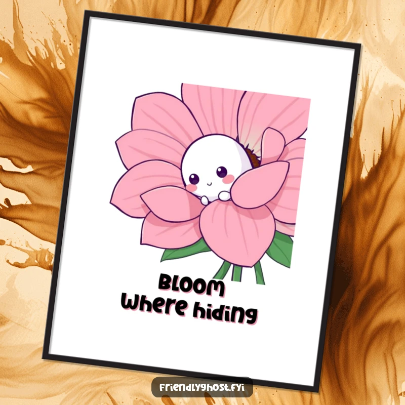 Funny shy ghost digital art print of a shy character playfully peeking from behind a large, colorful flower.