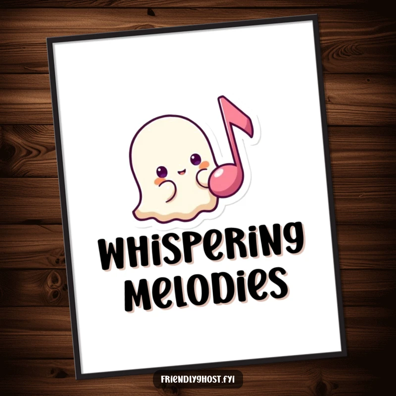 Funny shy ghost music digital art print of a timid ghost peeking from behind a floating music note, perfect for gentle decor and gifts.