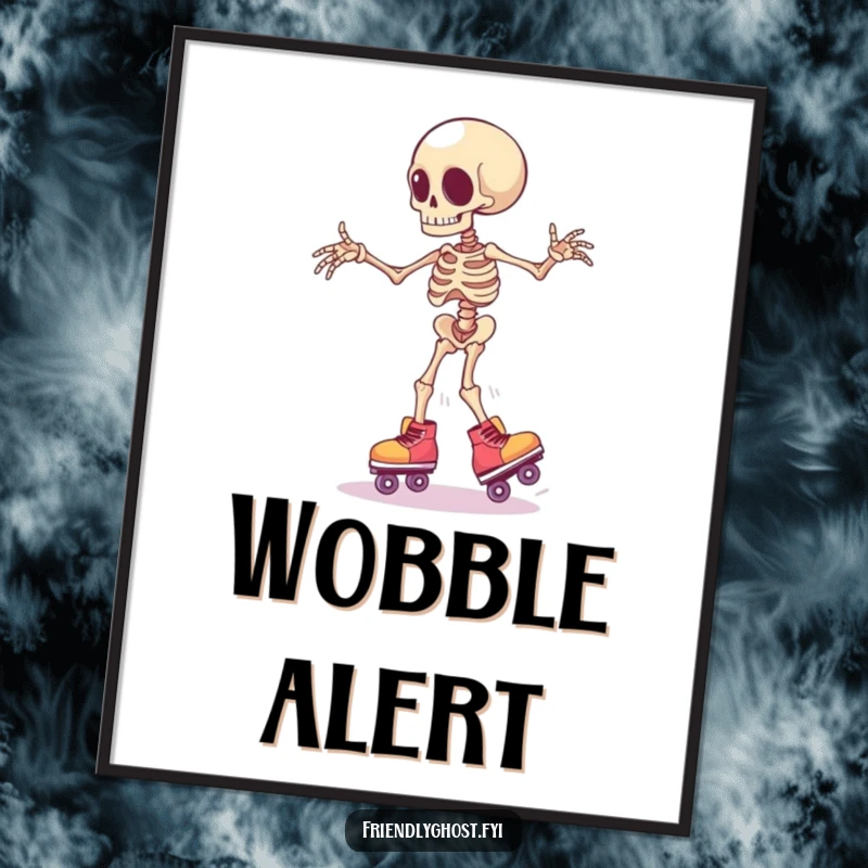 Funny clumsy skeleton limb wearing tiny roller skates, wobbling precariously, a humorous and dynamic digital art print.