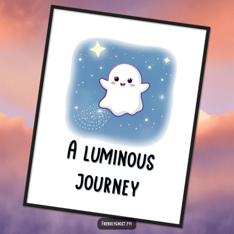 Funny digital art print of a gentle ghost leaving a sparkling path through the night sky, creating a magical and serene ambiance.