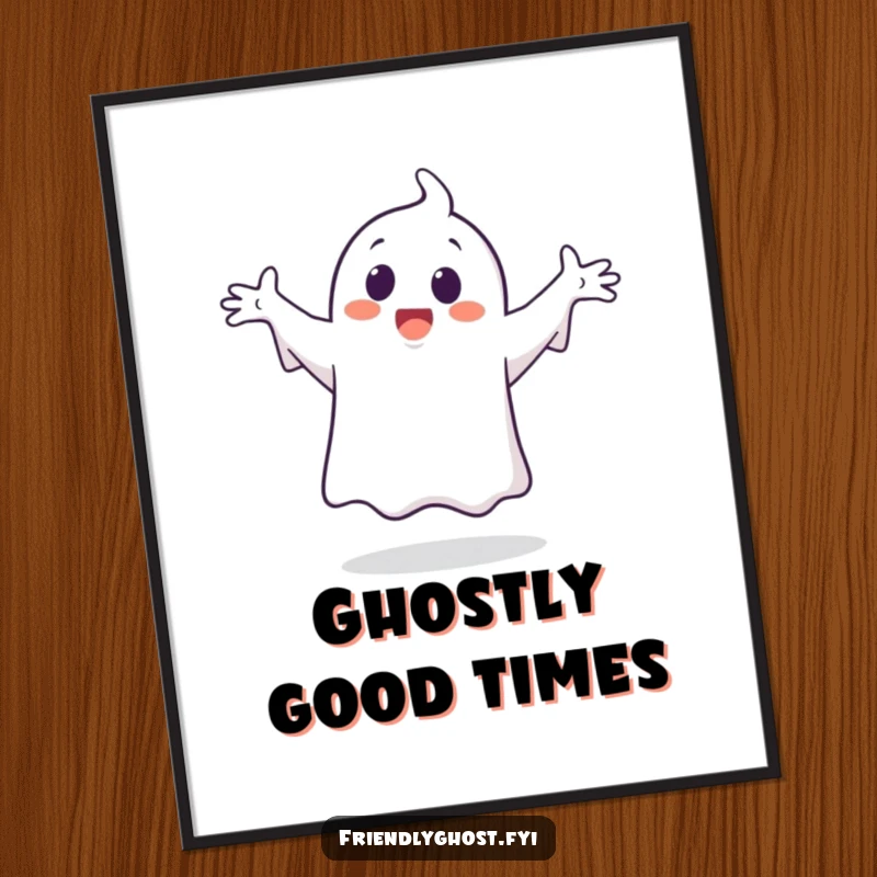 Funny ghost character digital art print, joyfully doing a silly dance with arms spread wide in happy, spectral celebration.