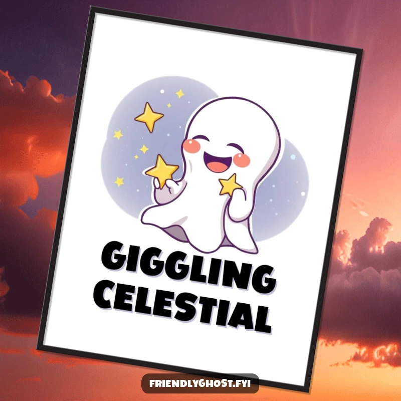 Funny ghost child digital art print of a giggling ghost holding a twinkling star, perfect for instant humorous wall decor.