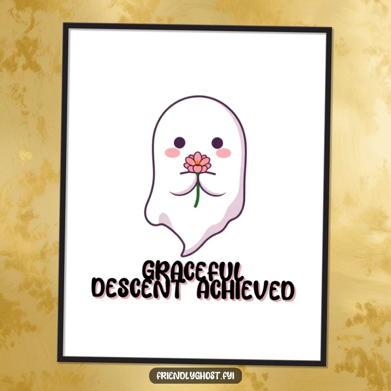 Funny Gentle Ghost Digital Art Print: A peaceful ghost floats down holding a blooming flower. An instant funny gift for tranquil spaces.