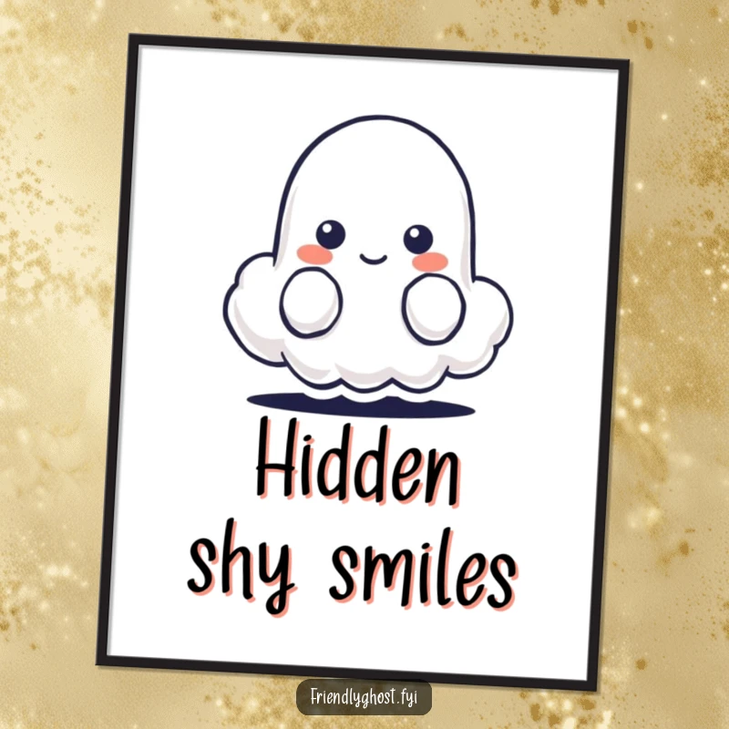 Funny digital art print of a shy ghost character peeking from behind a small, smiling cloud.