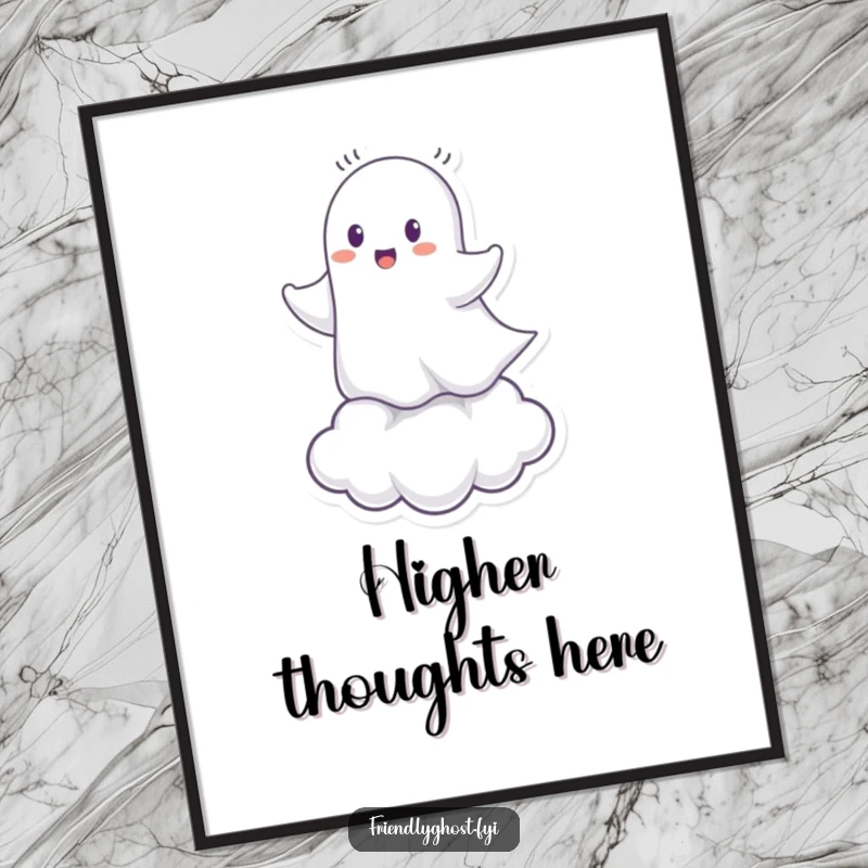 Funny Ghost Cloud Rider Digital Art Print: Cheerful spirit riding a tiny cloud, perfect for whimsical wall decor.