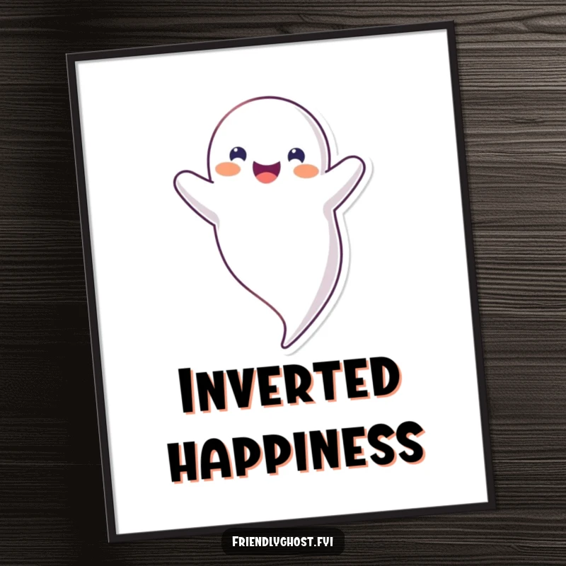 Funny upside down ghost digital art print of a happy, smiling ghost floating inverted, perfect for instant quirky decor and funny gifts.