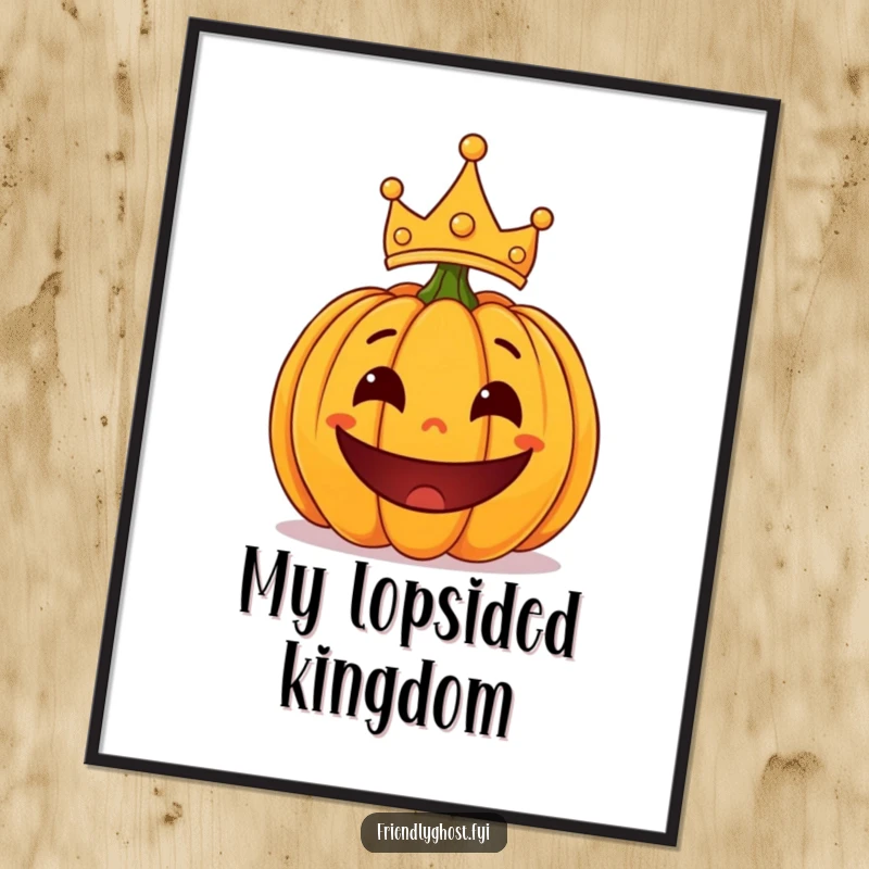 Funny surprised pumpkin with a playful grin and a lopsided crown, a humorous and festive digital art print.