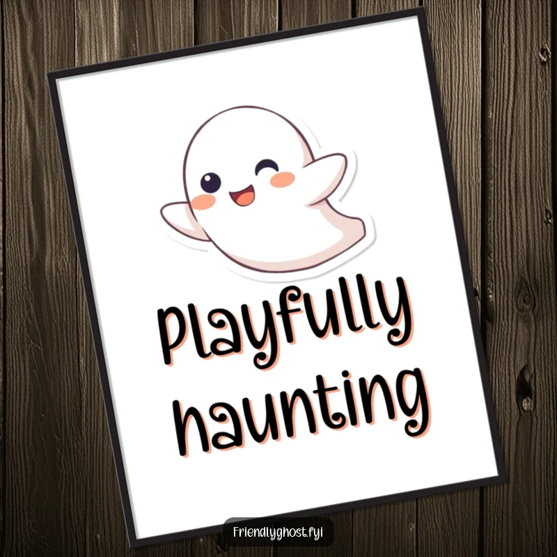 Funny digital art print of a little ghost character joyfully zipping through the air with a playful grin, offering instant spectral humor.