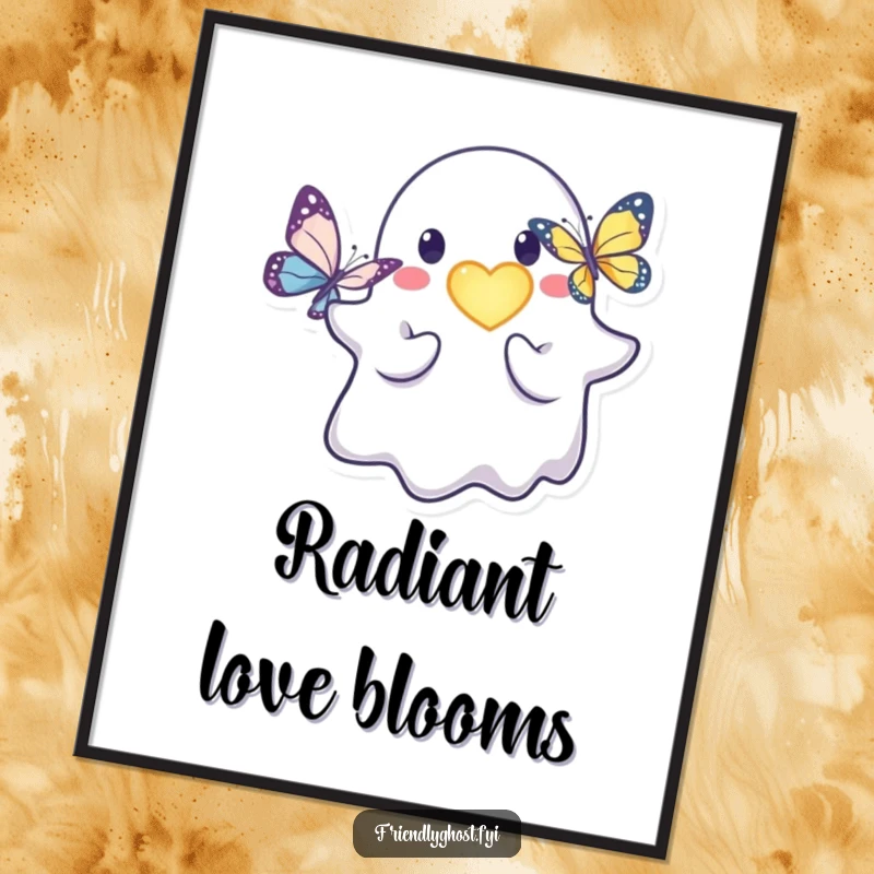 Funny friendly ghost digital art print of a kind character offering a glowing heart to a butterfly.