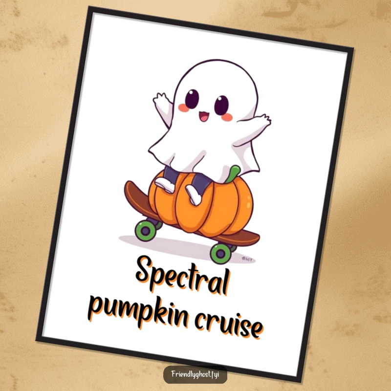 Funny ghost pumpkin skateboard digital art print showing a ghost riding a pumpkin like a skateboard, perfect for instant decor.