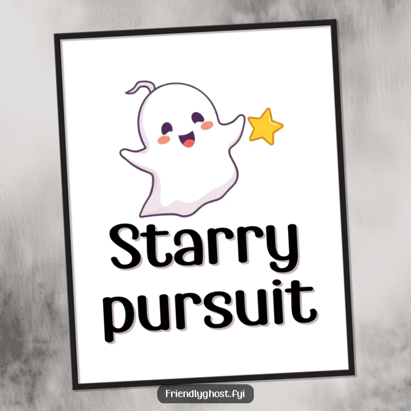 Funny chasing ghost digital art print of a delighted ghost playfully pursuing a tiny, sparkling star, perfect for instant whimsical decor and gifts.