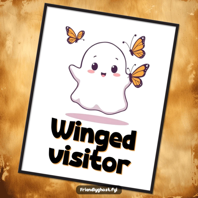 Funny digital art of a startled ghost with a butterfly, perfect for whimsical and humorous decor.