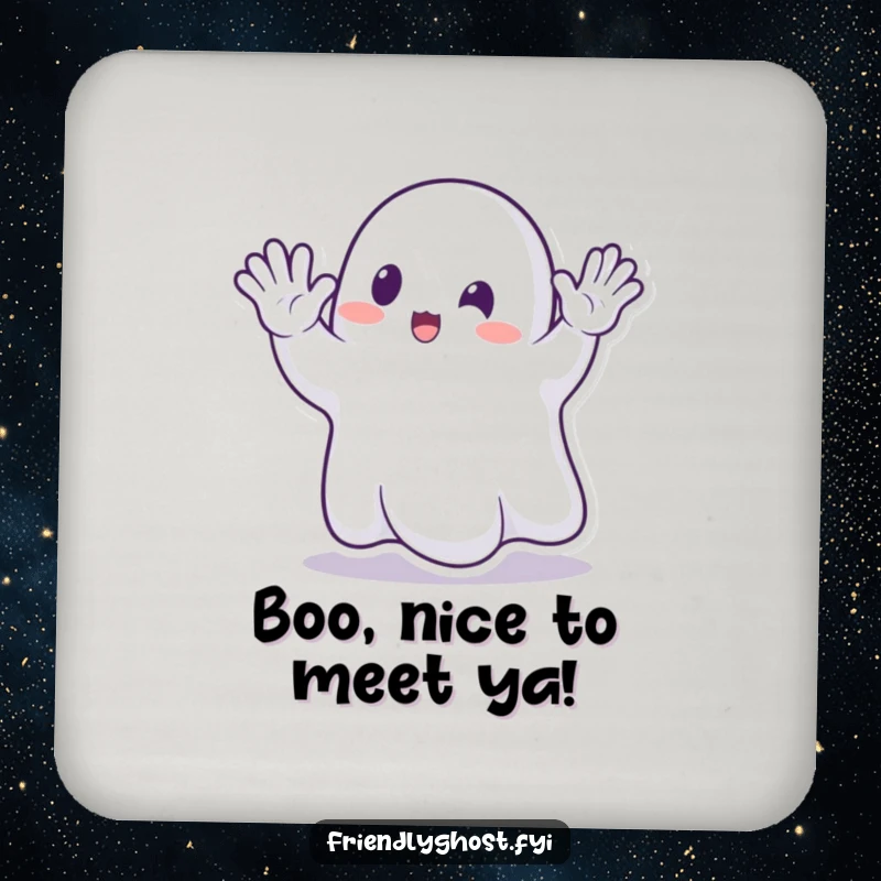 Funny Ghost Waving Coaster: Transparent ghost enthusiastically waving hello, adding humorous spectral charm to drink coasters.