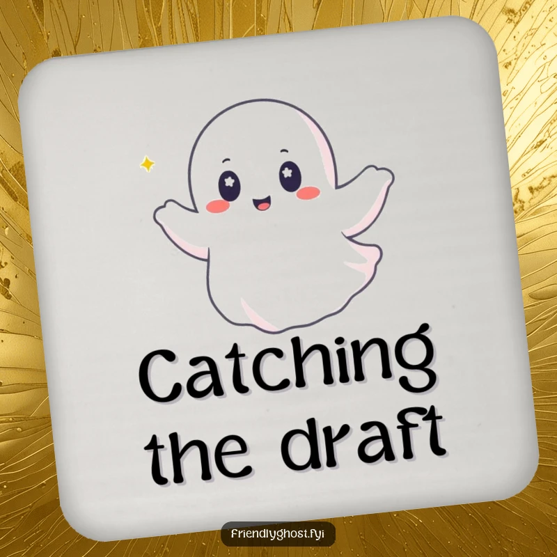 Funny ghost drink coaster featuring a happy ghost with twinkling eyes riding a gentle breeze, adding humor to table protection.