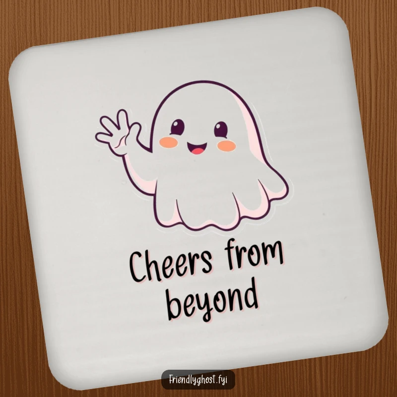 Funny Ghost Waving Coasters: Happy spirit waving enthusiastically, protecting surfaces with friendly humor.