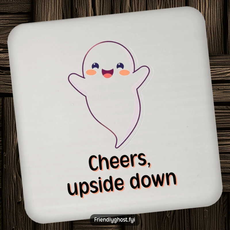 Funny upside down ghost coaster featuring a happy, smiling ghost floating inverted, perfect for quirky table protection and funny gifts.