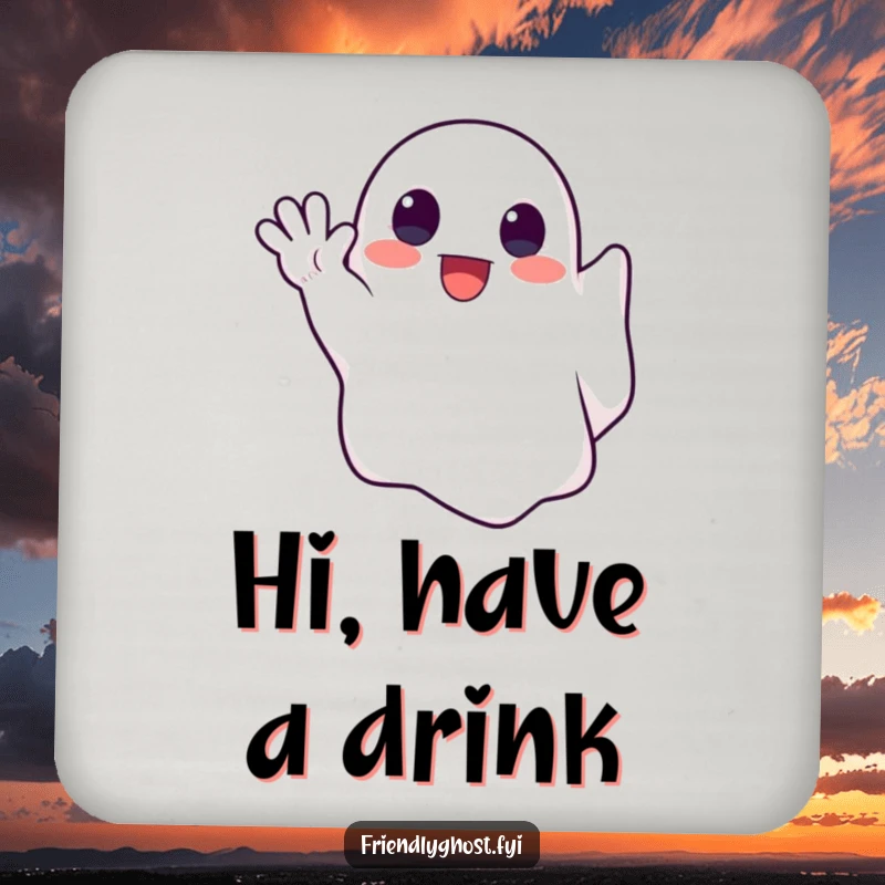 Funny drink coaster featuring a cute ghost enthusiastically waving a spectral hand, offering a friendly spectral touch.