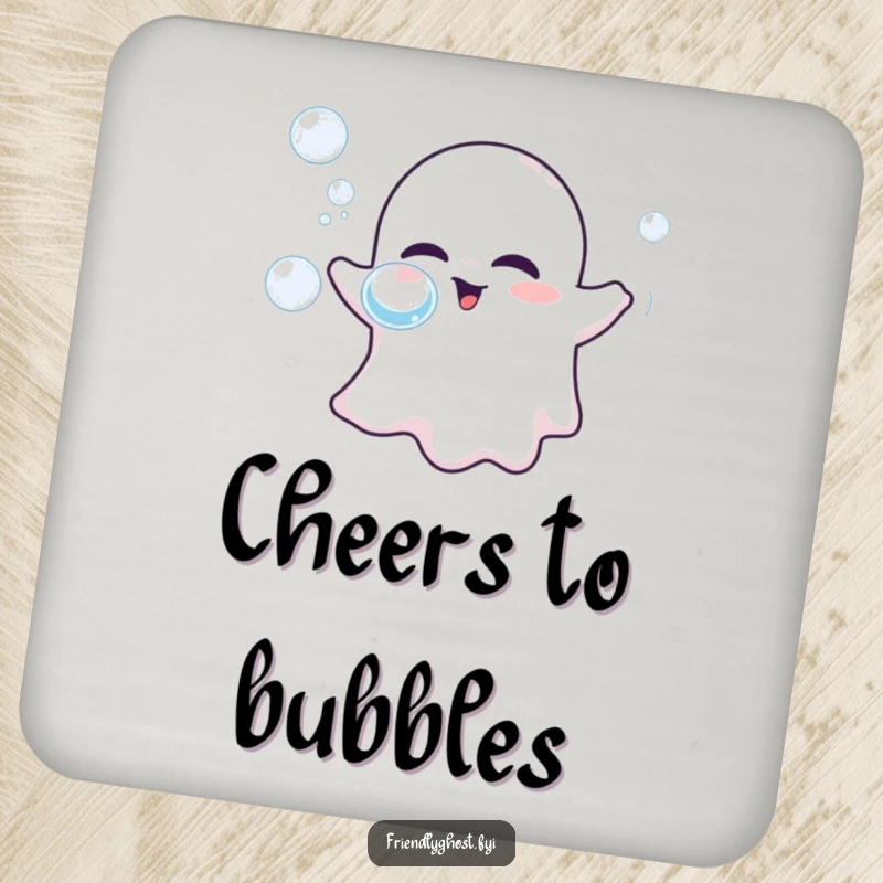 Funny coaster depicting a friendly ghost blowing iridescent bubbles, adding whimsical humor to drink protection.