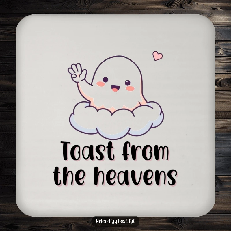 Funny ghost drink coaster with a small, friendly ghost waving from a cloud, providing cheerful surface protection.