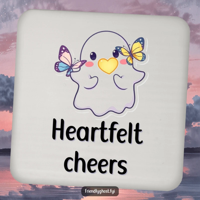 Funny friendly ghost drink coaster with a kind character offering a glowing heart to a butterfly.