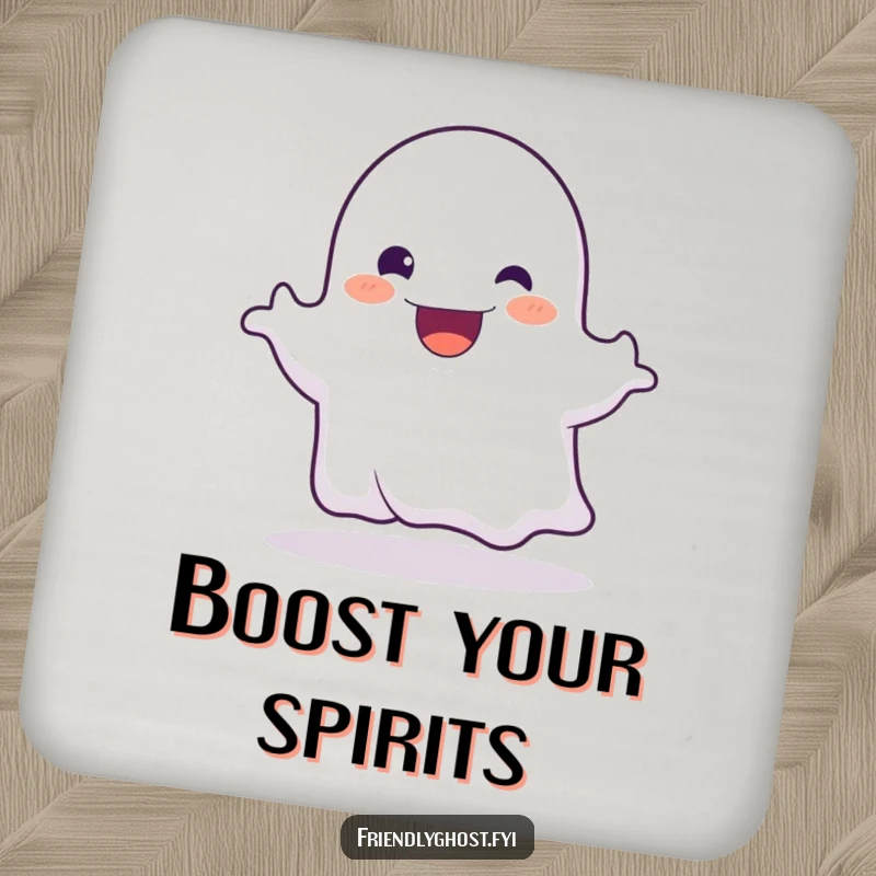 Funny drink coaster featuring a friendly ghost character playfully booing with a wide, cheerful, happy grin.