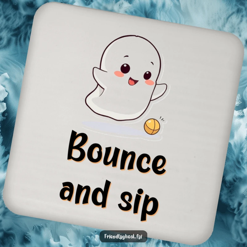 Funny coaster art of a small, mischievous ghost character playfully bouncing a tiny ball, adding playful spectral charm to any setting.