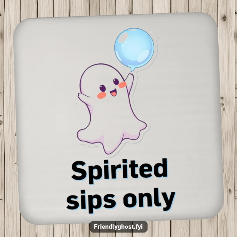 Set of funny ghost coasters, each featuring a playful character bopping a bubble, protecting drinks with mischief.