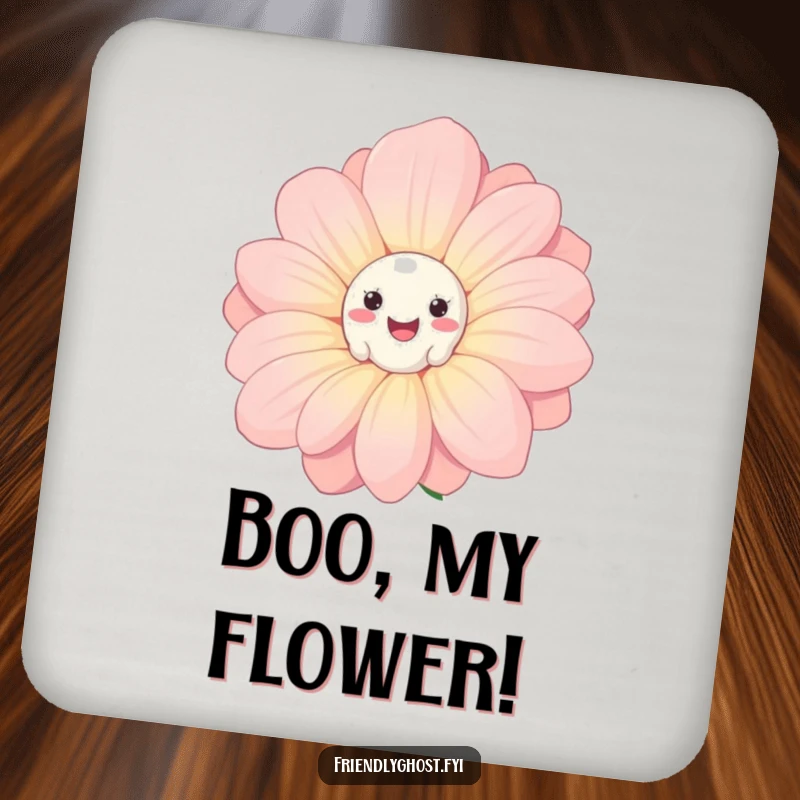 Funny Ghost Flower Coaster: Cute ghost peeking from behind a smiling flower, protecting surfaces with a humorous and charming design.
