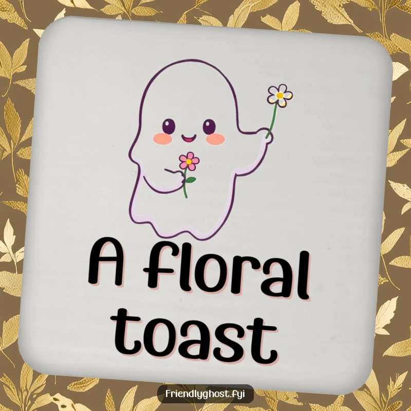 Funny ghost drink coaster with a smiling ghost offering a flower, adding a cute and humorous touch to any table.