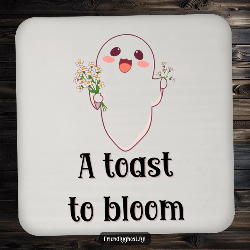 Funny delighted ghost character floating upwards holding flowers, designed onto a humorous drink coaster.