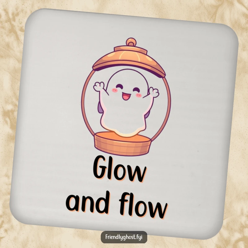 Funny ghost lantern coaster featuring a cheerful ghost waving from inside a glowing lantern, perfect for spooky table protection and funny gifts.