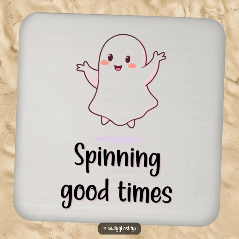Funny ghost coaster, a playful specter mid-pirouette, adding whimsical charm while protecting surfaces.