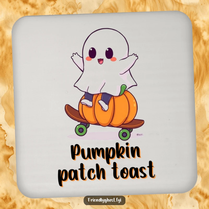 Funny ghost drink coaster featuring a ghost riding a pumpkin skateboard, perfect for adding spooky thrills to any surface.