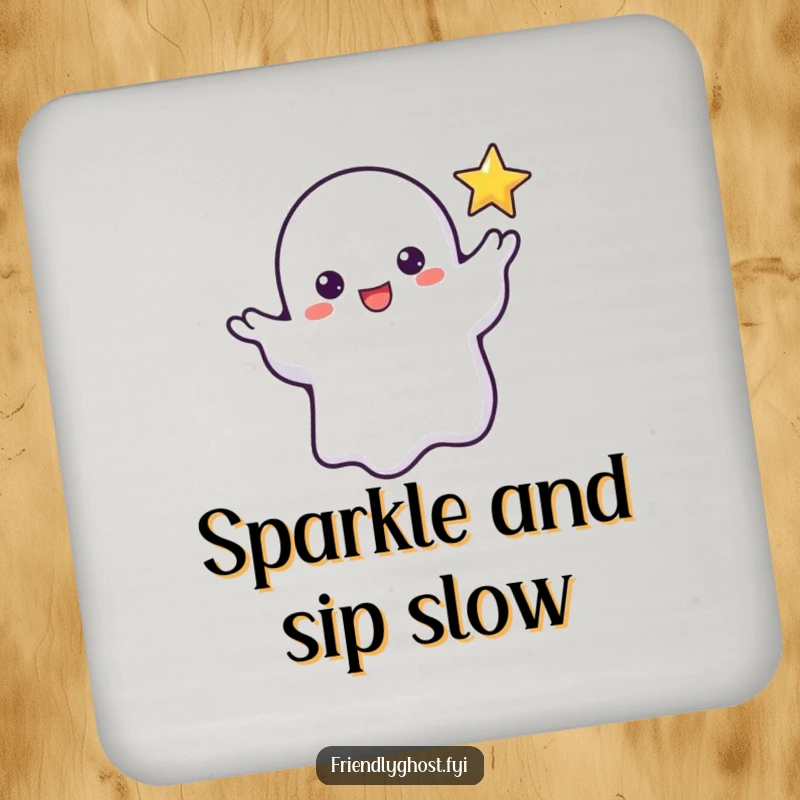 Funny drink coaster showing a friendly ghost reaching a wispy hand to a tiny, flickering star, adding whimsical protection.