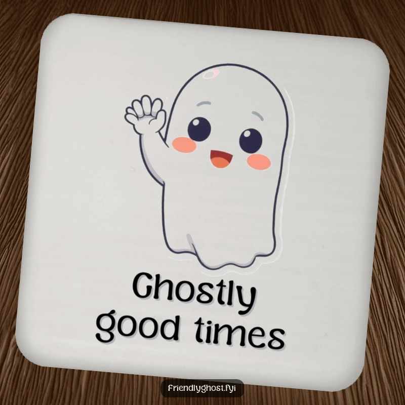 Funny coaster art of a cheerful ghost character waving hello with a big smile, adding friendly spectral charm to any setting.