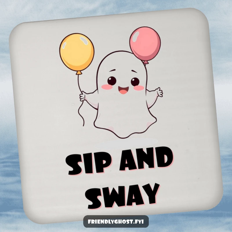 Funny giggling ghost drink coaster with a silly character dancing with a balloon.