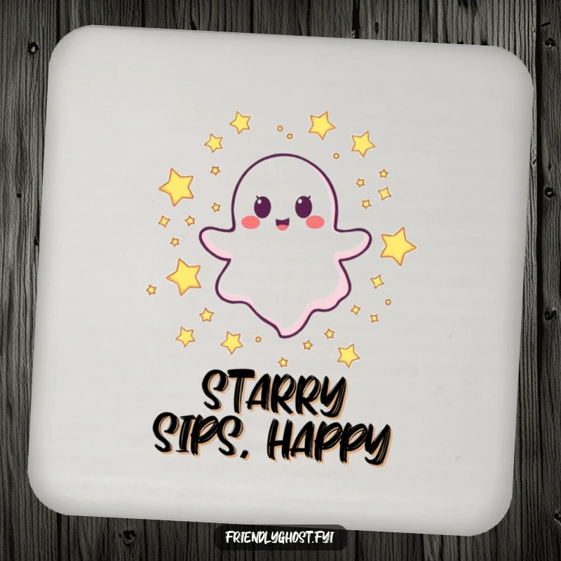 Funny happy ghost drink coaster with a joyful character floating happily through a field of stars.