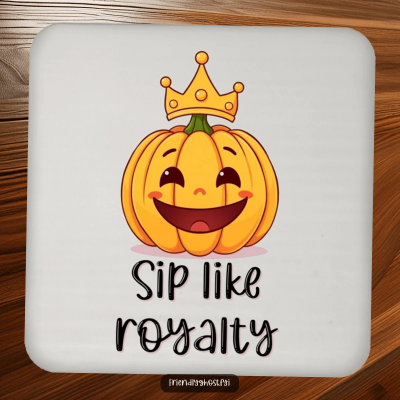 Funny surprised pumpkin with a playful grin and a lopsided crown, a humorous and protective drink coaster.